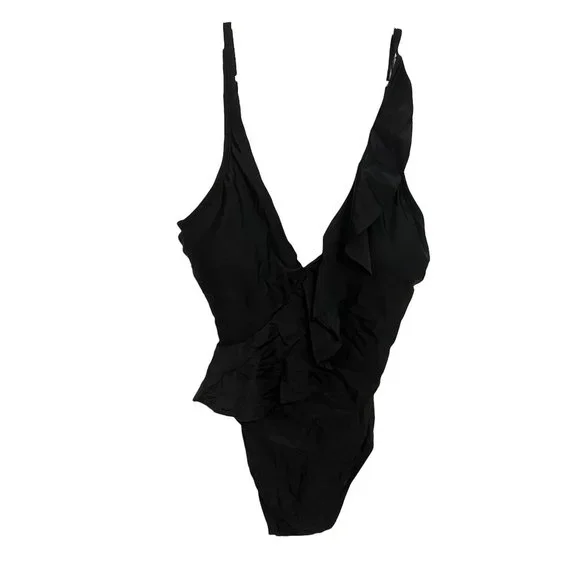 Kona Sol Women's ruffle front maillot black swimsuit NEW M - Picture 3 of 8